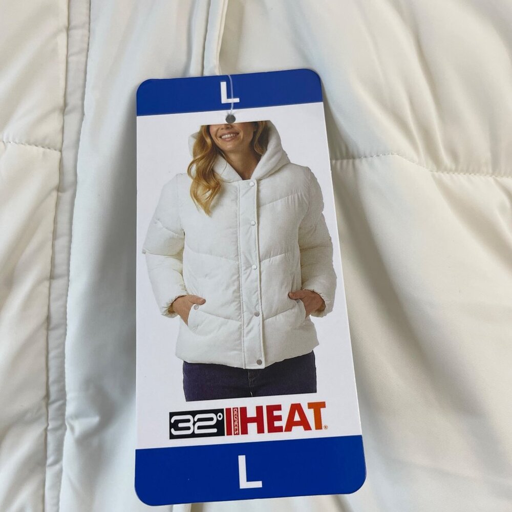 32 Degrees Heat Womens White Hooded Puffer Jacket L With Snap Closures & Pockets - Picture 10 of 11